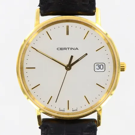 Herrur Certina 18K Ø33m, quartz, läderband, slitage, batteribyte, etui