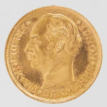 Mynt 10 Kroner Frederik VIII 1908 Danmark, Ø18mm, 21,6K, 900/1000, missfärgad baksida Vikt: 4,5 g