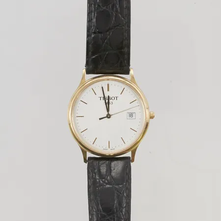 Herrur Tissot 18K 33mm quartz gravyr "För nit och redlighet i rikets tjänst", går ej, batteribyte krävs.