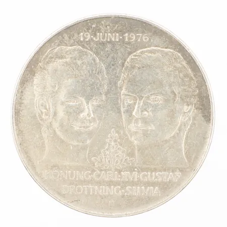 Minnesmynt 50Kr, Bröllopet mellan Konung Carl XVI Gustaf och Drottning Silvia, 19 juni 1976, Ø36mm, 925/1000 silver  Vikt: 26,9 g