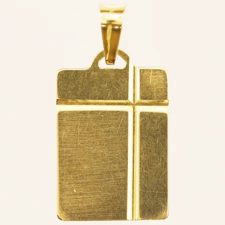 Hänge gravyrbricka, längd 30mm inkl ögla, bredd 15mm, repig, 18K  Vikt: 3,2 g