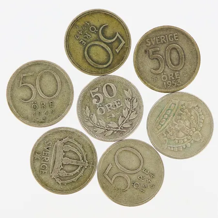 Mynt 7st 50-öringar, Ø22mm, silver 400/1000 Vikt: 33,6 g