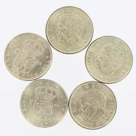 Mynt 5st 2-kronor, Ø31mm, silver 400/1000 Vikt: 70,2 g
