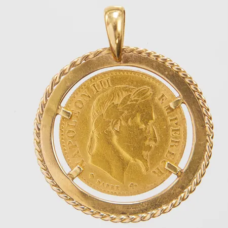 Hänge, mynt 10 Franc Napoleon III Frankrike 1866, Øca.19mm, 21,6K, 900/1000, ram i 14K, myntet löst i ramen, bruttovikt 5,6g. Skickas med postpaket.