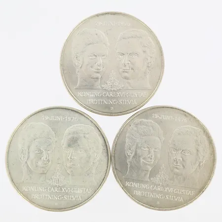 Minnesmynt 3st 50-kronor, Ø36mm, kungliga bröllopet 1976, silver 925/1000 Vikt: 81,3 g