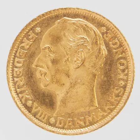 Mynt 10 Kroner Frederik VIII 1908 Danmark, Ø18mm, 21,6K, 900/1000, missfärgad baksida Vikt: 4,5 g
