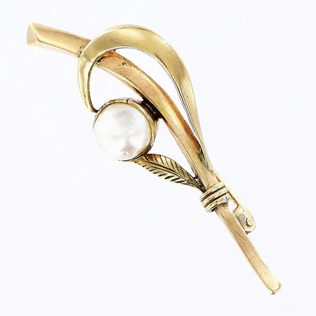 Brosch 52x19mm odlad pärla Ø7,5mm, skevheter, 14K Vikt: 4,9 g