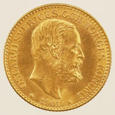 Mynt, Oscar II, Sveriges O Norges konung, År 1901, Valör 10kr, 21K  Vikt: 4,5 g