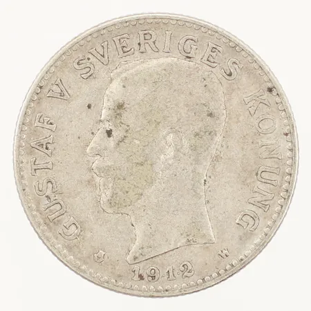 Mynt 2kr "Gustaf V Sveriges Konung med folket för fosterlandet" 1912 Ø30mm 800/1000 Silver  Vikt: 14,9 g
