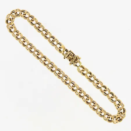 Armband Bismarck, ca 20cm, bredd ca 5mm, en låsåtta saknas, slitna länkar, 14K Vikt: 9,3 g