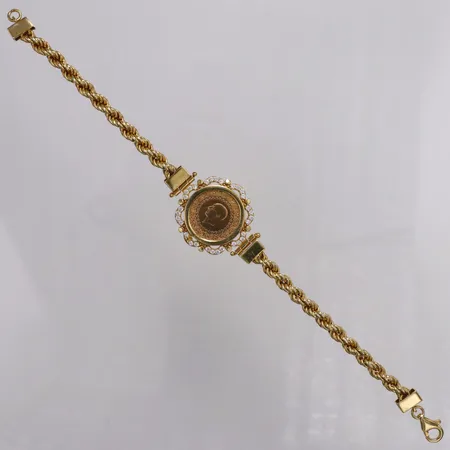 Armband Cordell mynt Attaturk 21,6K år 2024 Ø18mm ca 1,8gram i ram med vita stenar, 19cm, förgyllt 925/1000 silver, bruttovikt 11,4gram Vikt: 11,4 g