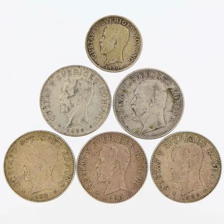 6 mynt i silver, 5st- 2 kronor, 1st- 1 krona, 1907, 1930, 1936, 1938, 800/1000 silver Vikt: 82,3 g