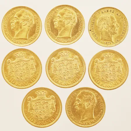 Åtta mynt, Christian X, År 1913-1917 samt Frederik VII, Danmark Konge, År 1873-1908 Valör 10:Kroner 21K  Vikt: 35,9 g