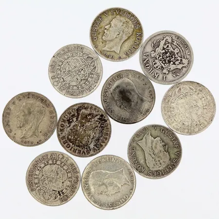 Mynt 10st 1-kronor, Ø25mm, silver 800/1000 Vikt: 74,2 g