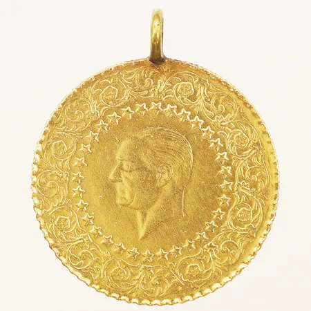 Hänge mynt Ataturk Ø21mm ögla ej guld 21,6K, bruttovikt 3,6g.