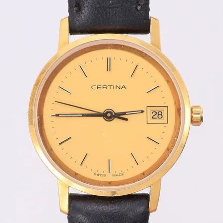 Damur Certina 18K quartz Ø24mm, EOL 152.9289.68, datum, läderarmband längd 20cm bredd 10mm, står still, inga tillbehör