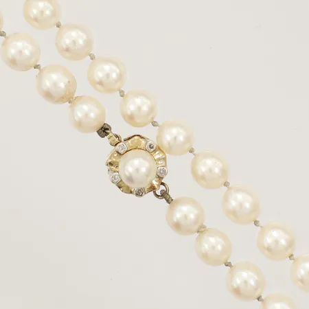 Pärlcollier odlade pärlor, längd 50cm bredd 6,3mm lås med vita stenar, pärla tappat fäste 14K 