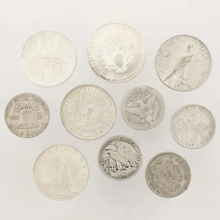 Elva mynt United states of America, Half dollar, half dollar, silver one dollar, silver  Vikt: 201,3 g