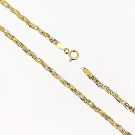 Collier flätad modell vit/gulguld längd 45cm, bredd 2,5mm, små skevheter på länk, 18K Vikt: 6 g