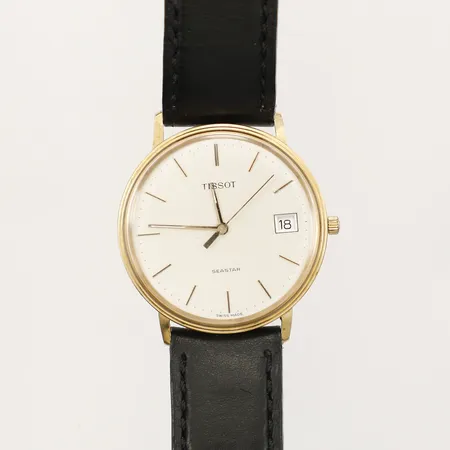 Herrur Tissot Seastar 18K boett Ø33,5mm, går ej, defekt krona, läderband, graverad "För nit och redlighet i rikets tjänst".