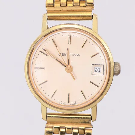 Damur Certina 14K quartz Ø22mm, EOL 111.9299.65, datum, stålarmband längd 16cm bredd 10mm, yrkesgravyr, står still, inga tillbehör