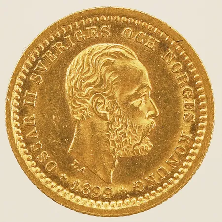 Mynt, Oscar II, Sveriges O Norges konung, År 1899, Valör 5kr, 21K  Vikt: 2,2 g