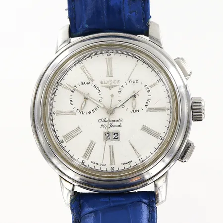 Armbandsur Elysee stål automatisk 42mm, datum, sekundvisare, läderband 24,5cm, törnlås, repor på glas, inga tillbehör.