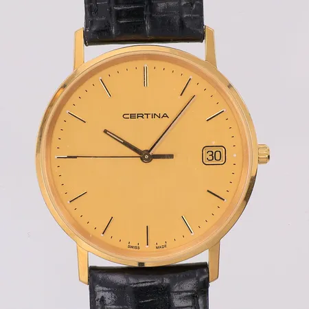 Herrur Certina 18K quartz Ø33,5mm, 158.9289.68, datum, original läderband längd 21 cm bredd 17,5mm, yrkesgravyr, står still, box