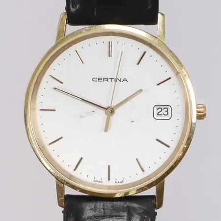 Herrur Certina 18K Ø34mm ref nr. EOL158.9269.68 quartz, gravyr, datum, läderband med slitage bruttovikt 28,4g 