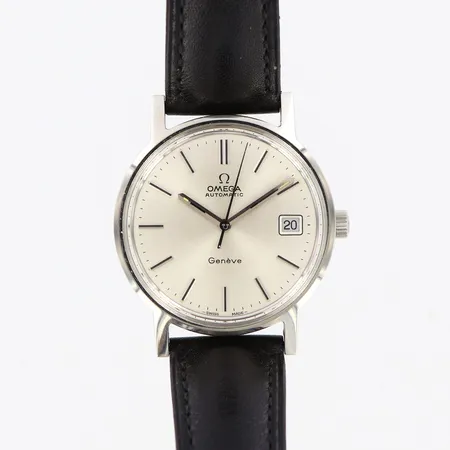 herrur Omega Genevel Ø35mm, automatisk, datumfönster, stål,  läderband med originalspänne, originalkrona, graverad bakboett