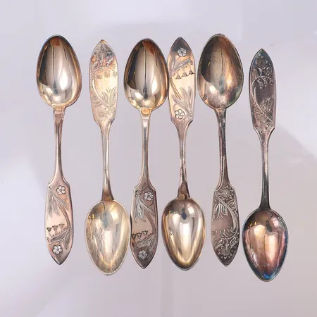 6 kaffeskedar Tornedal 12cm, kattfot, gravyr, silver 830/1000 Vikt: 90,6 g