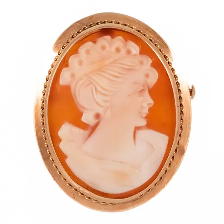 Brosch/Hänge med kamé bredd 28mm, längd exkl. infällbar ögla 35mm, krokig nål, 14K 5,6g. 