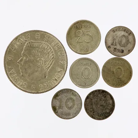 Mynt diverse, 1st 2-kronor, 1st 25-öre, 5st 10-öre, sverige, 400/1000 Silver Vikt: 23,4 g