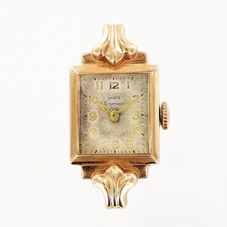 Damur manuell längd 35mm, bredd 16mm, missfärgningar urtavla, länk saknas, 14K bruttovikt 11,3g 