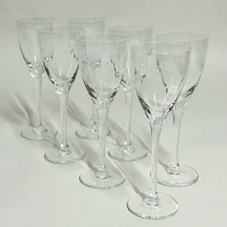 7 snapsglas Duka modell Lovisa 13,5cm Ø45mm, etsad dekor