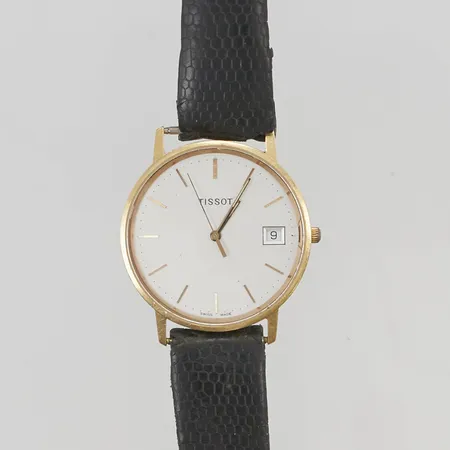 Herrur Tissot 18K 33,5mm quartz gravyr läderband, går ej, batteribyte krävs, etui.