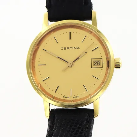 Damur Certina 18K quartz Ø24mm, datum, sekundvisare, läderband 21cm, i behov av batteribyte, box.