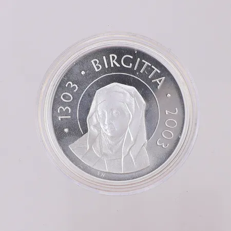 Minnesmynt Heliga Birgitta 700 år 1303-2003, nominellt värde 200kr, etui Sveriges Riksbank, informationsblad, silver 925/1000 Vikt: 27,8 g