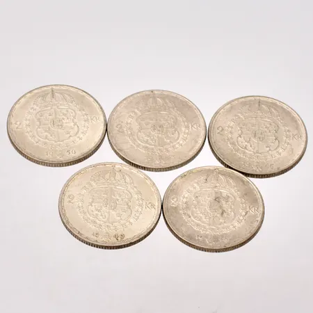 5st svenska mynt, 2kronor, silver 400/1000, vikt 69,9g.