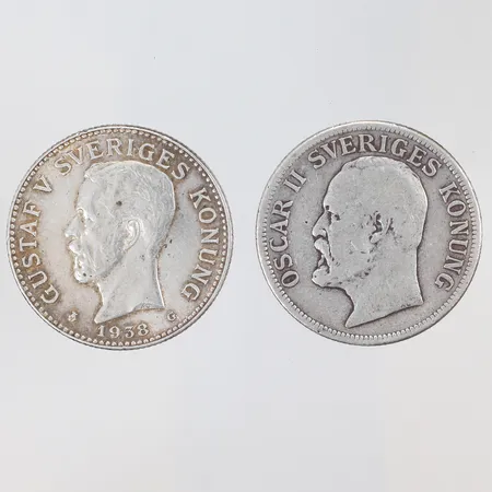 2st Mynt Oscar II och Gustav V silver 800/1000 Vikt: 29,7 g