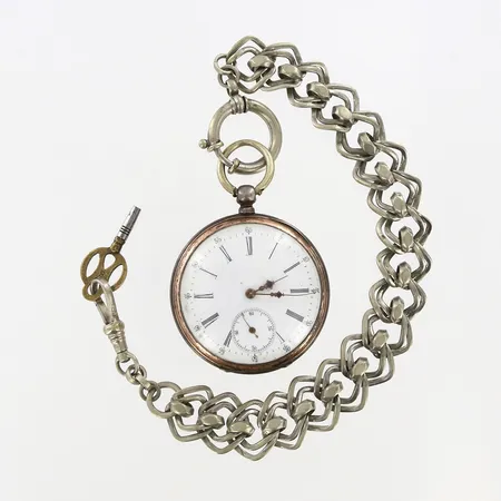 Fickur manuell ca 48mm, liten sekundvisare, sn 4739, uppdragningsnyckel, klockkedja i metall, slitage, innerboett 800/1000 silver, bruttovikt: 107g