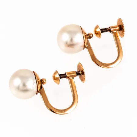 Örhängen med imiterade pärlor 7,5mm, skruvmekanik, 18K 2,3g. 
