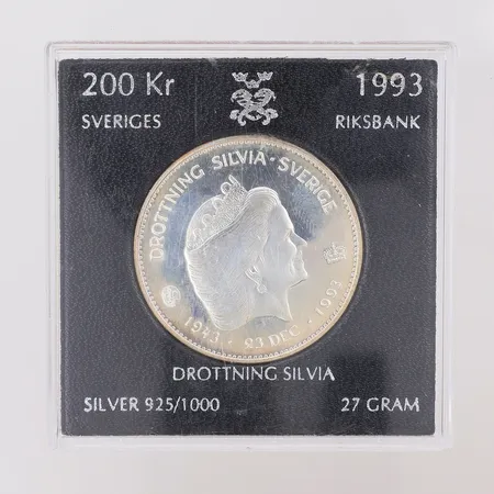 Minnesmynt Drottning Silvia 1993, nominellt värde 200kr, etui Sveriges Riksbank, silver 925/1000 Vikt: 27 g