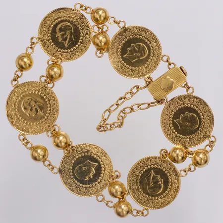 Armband sex mynt Attaturk år 1994 längd ca 19cm, skruvlås, säkerhetskedja, 21,6K  Vikt: 19,8 g