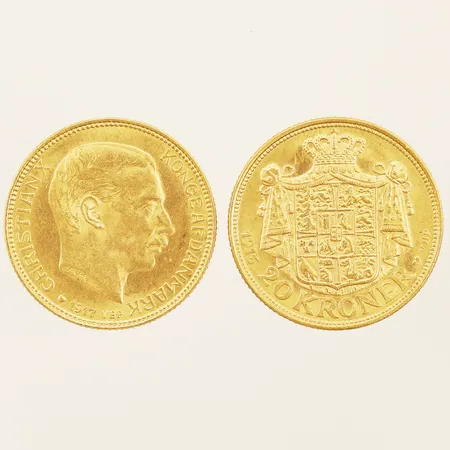 Två mynt, Konge Af Danmark Christian X, År 1916-1917, valör 20 Kroner, 21K Vikt: 17,9 g