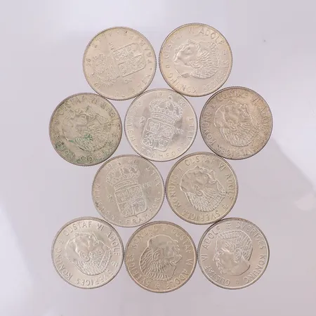 10 mynt Gustaf VI Adolf 1954-1966, nominellt värde 2kr, silver 400/1000 Vikt: 139,8 g