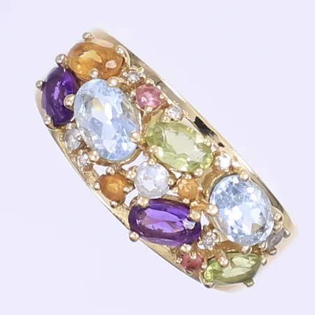 Ring Guldfynd med färgstenar stl:17½, bredd 3-9mm, 18K Vikt: 5,6 g