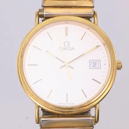 Herrur Omega 18K quartz Ø33mm, 54936626, datum, flexband stål, batteribyte behövs, inga tillbehör
