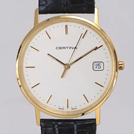 Herrur Certina modell Priska, Ø33,5mm, 18K gravyr, läderband, cert 2021, går ej (batteribyte), nyskick, originalask