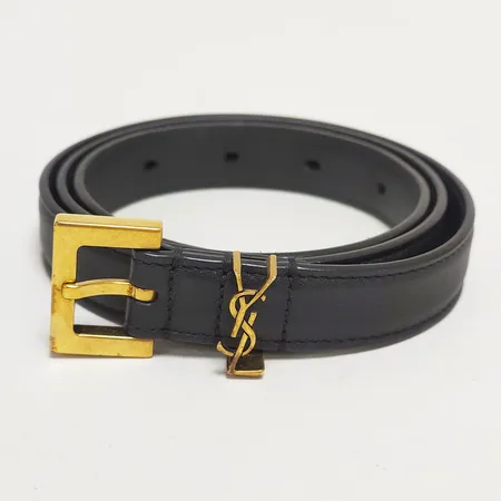 Bälte Saint Laurent Thin belt, svart läder, spänne i gulmetall, stl 75, bredd 20mm, dustbag, box. 